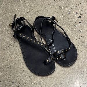 Golden Goose Black Leather Studded T-Strap Sandals